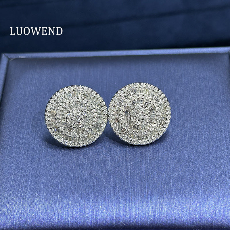 LUOWEND 18K White Gold Real Natural Diamond Stud Earrings for Women