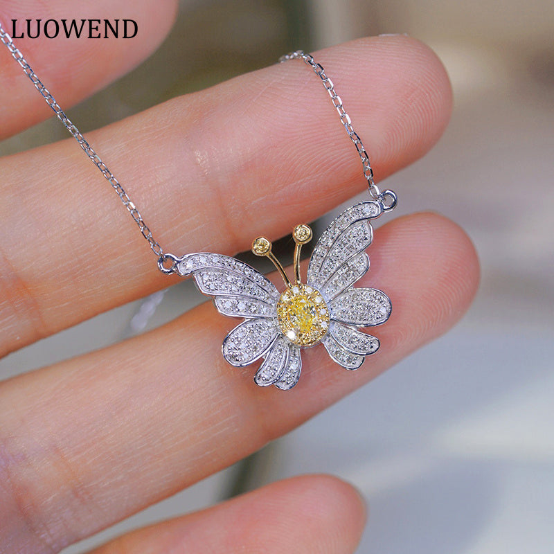 LUOWEND 18K White Gold Real Natural Yellow Diamond Pendant Necklace for Women