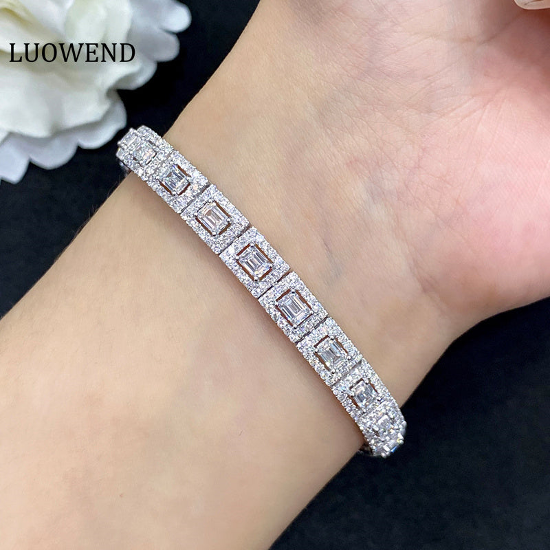 LUOWEND 18K White Gold Real Natural Diamond Bracelet for Women