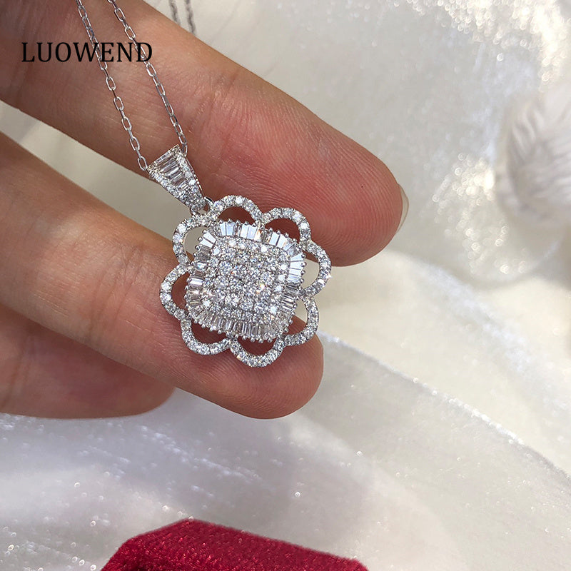 LUOWEND 18K White Gold Real Natural Diamond Pendant Necklace for Women