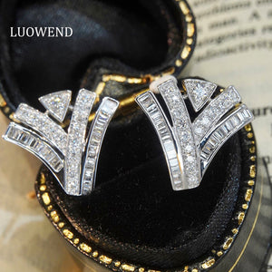 LUOWEND 18K White Gold Real Natural Diamond Stud Earrings for Women