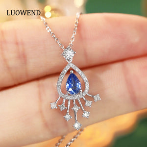 LUOWEND 18K White Gold Real Natural Sapphire and  Diamond Gemstone Necklace for Women