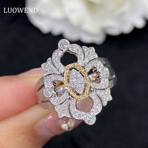 LUOWEND 18K White and Yellow Gold Real Natural Diamond Ring for Women