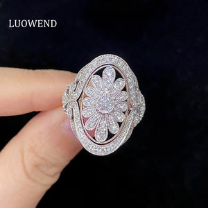 LUOWEND 18K White Gold Real Natural Diamond Ring for Women