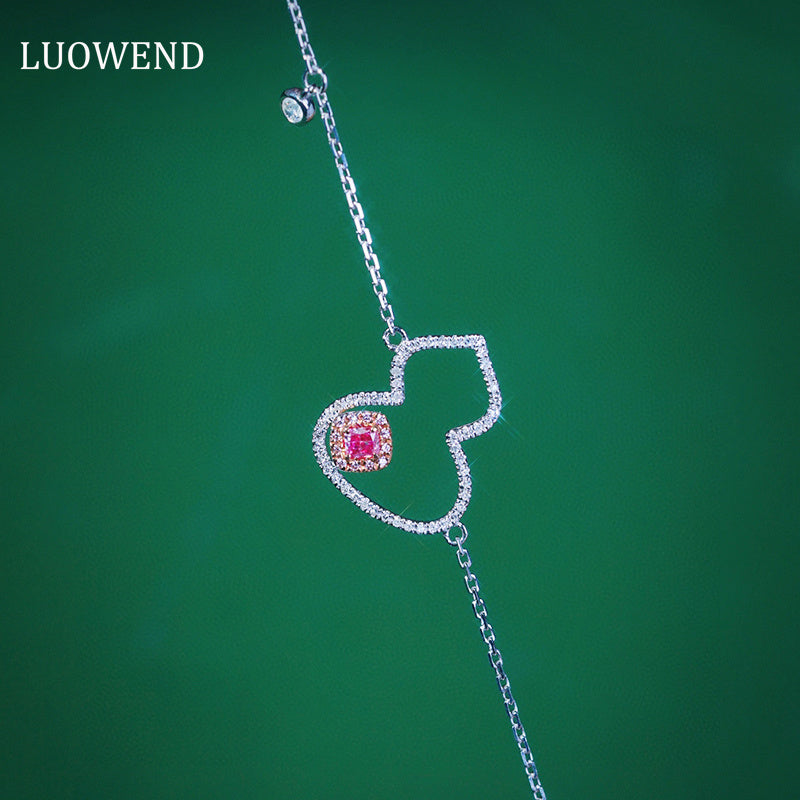 LUOWEND 18K White Gold Real Natural Pink Diamond Bracelet for Women