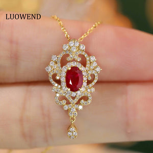 LUOWEND 18K Yellow Gold Real Natural Ruby and Diamond Gemstone Necklace for Women