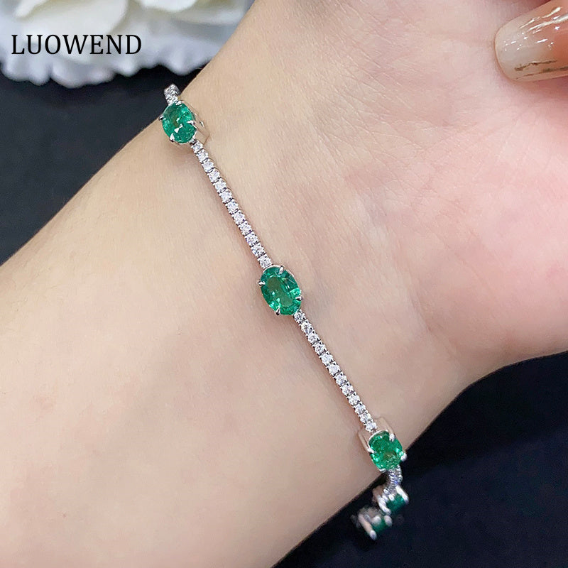 LUOWEND 18K White Gold Real Natural Emerald Gemstone Bracelet for Women