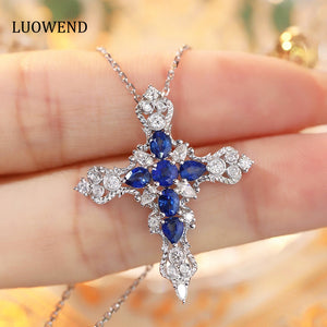 LUOWEND 18K White Gold Real Natural Sapphire and Diamond Gemstone Necklace for Women