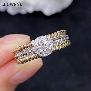 LUOWEND 18K White and Yellow Gold Real Natural Diamond Ring for Women