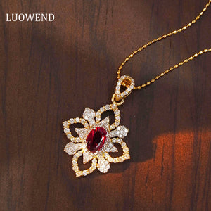 LUOWEND 18K White and Yellow Gold Real Natural Ruby and Diamond Gemstone Necklace for Women