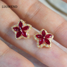 Load image into Gallery viewer, LUOWEND 18K Yellow Gold Real Natural Ruby and Diamond Gemstone Earrings for Women
