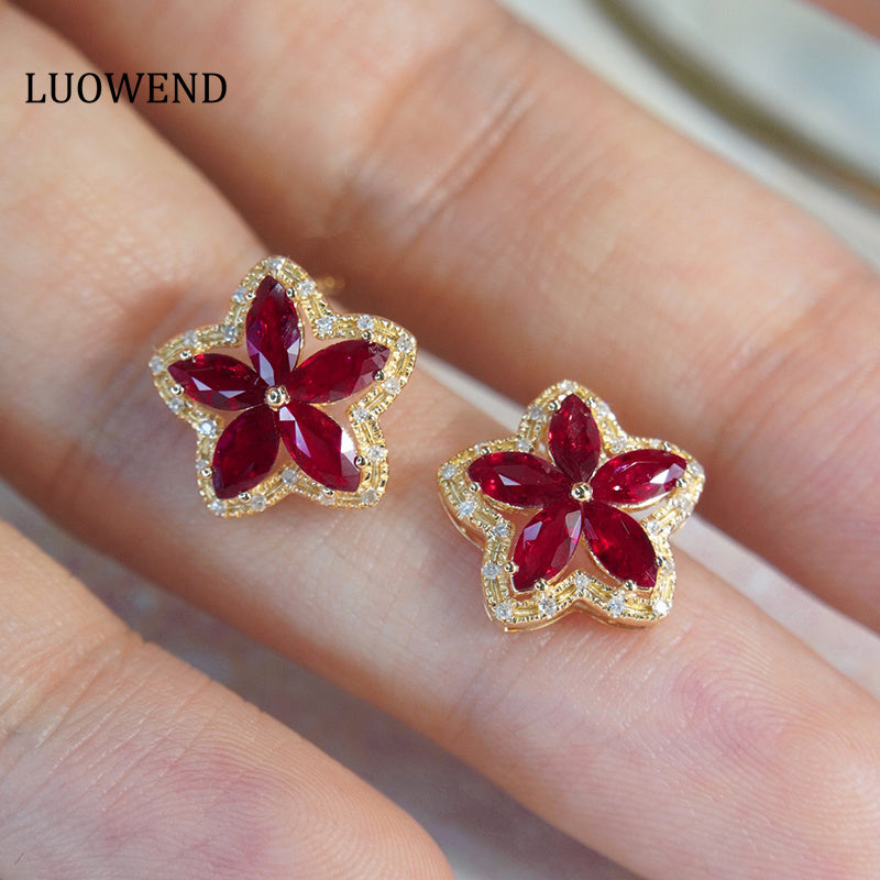 LUOWEND 18K Yellow Gold Real Natural Ruby and Diamond Gemstone Earrings for Women