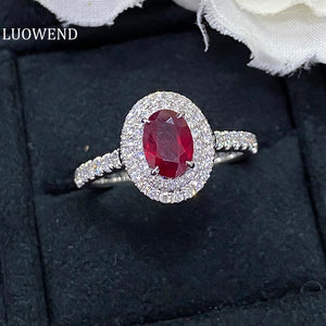 LUOWEND 18K White Gold Real Natural Ruby Gemstone Ring for Women