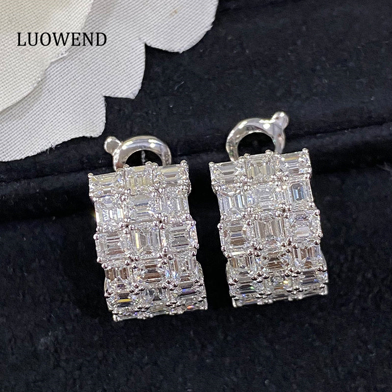 LUOWEND 18K White Gold Real Natural Diamond Hoop Earrings for Women