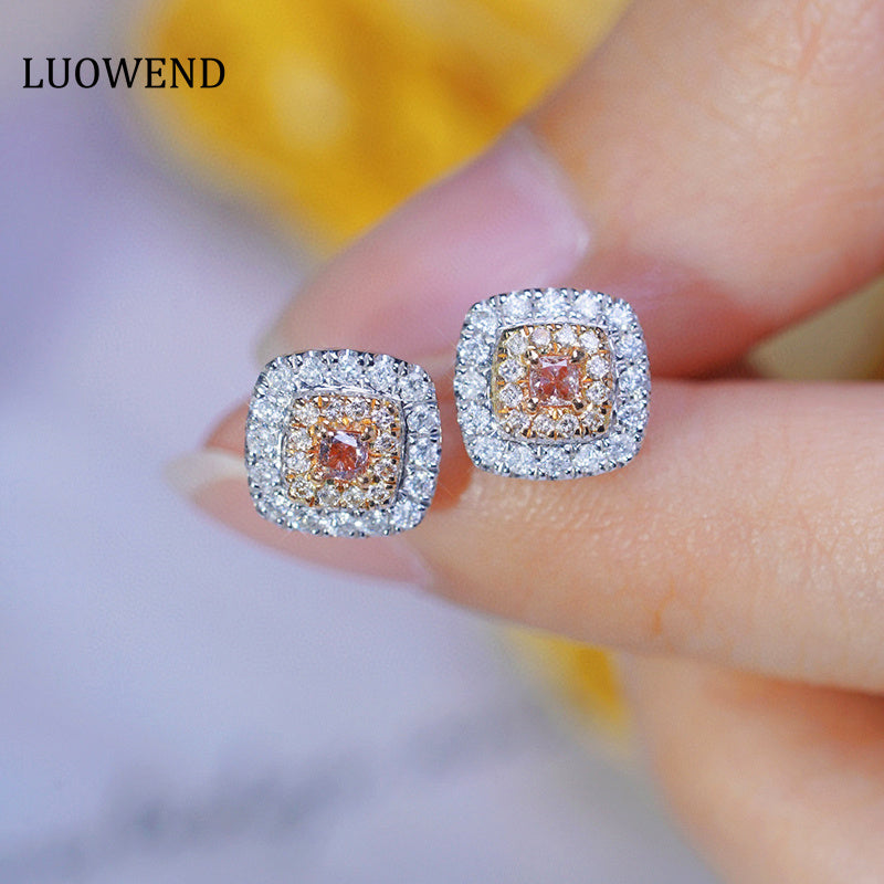 LUOWEND 18K White Gold Real Natural Pink Diamond Stud Earrings for Women