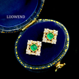 LUOWEND 18K Yellow Gold Real Natural Emerald and Diamond Gemstone Earrings for Women