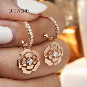 LUOWEND 18K Rose Gold Real Natural Diamond Drop Earrings for Women