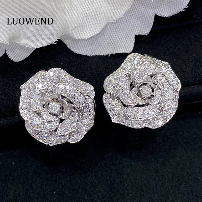 LUOWEND 18K White Gold Real Natural Diamond Stud Earrings for Women