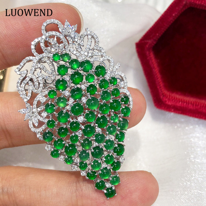 LUOWEND 18K White Gold Real Natural Emerald and Diamond Gemstone Necklace for Women