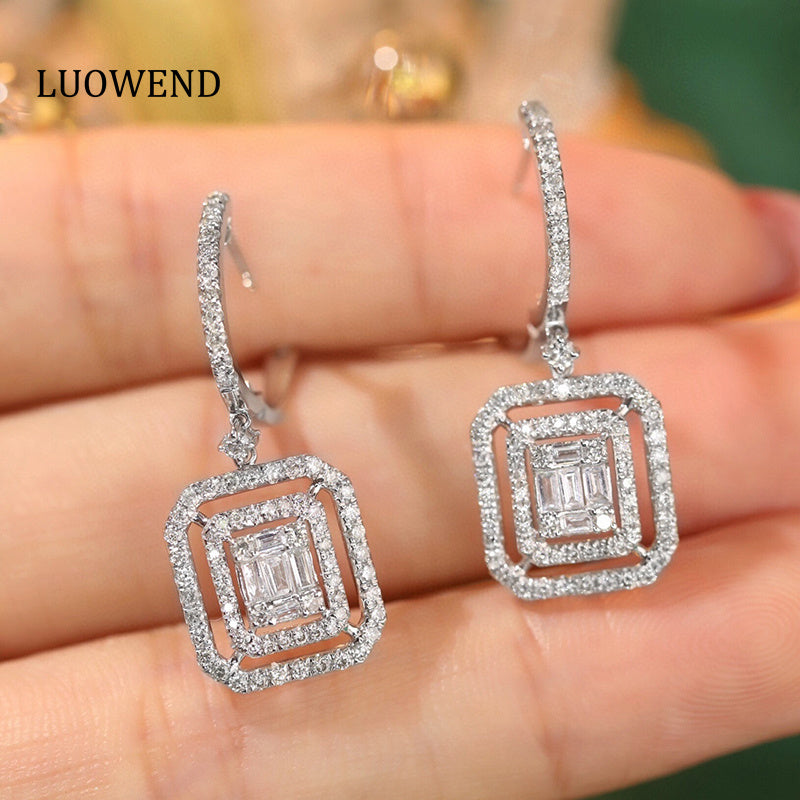 LUOWEND 18K White Gold Real Natural Diamond Hoop Earrings for Women