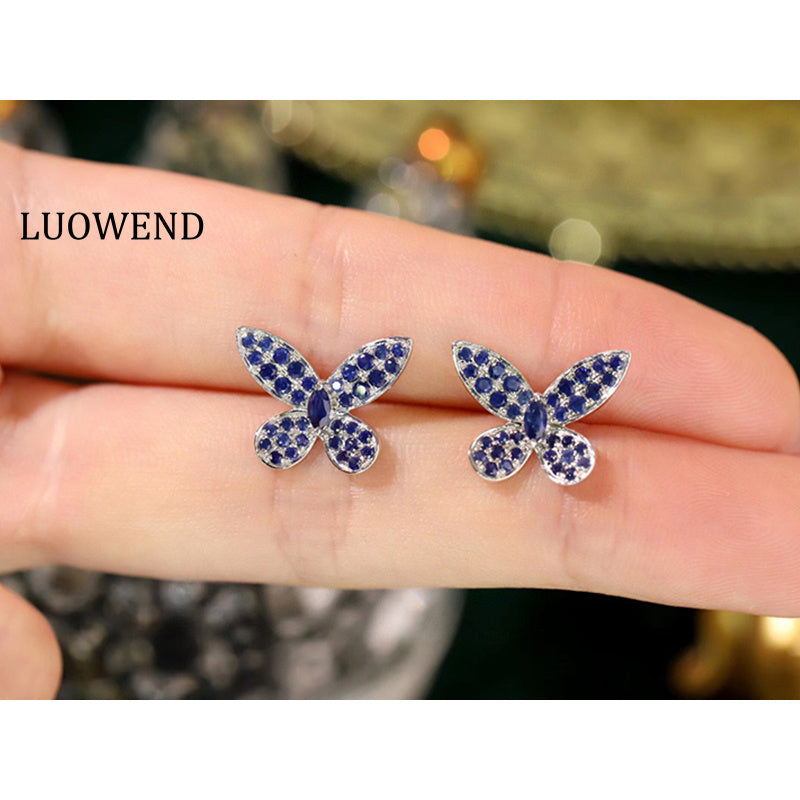 LUOWEND 18K White Gold Real Natural Sapphire Earrings for Women