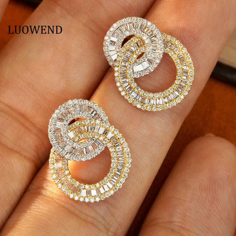 LUOWEND 18K White and Yellow Gold Real Natural Diamond Stud Earrings for Women