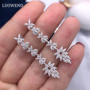 LUOWEND 18K White Gold Real Natural Diamond Drop Earrings for Women