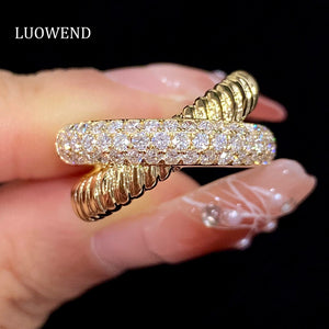 LUOWEND 18K Yellow Gold Real Natural Diamond Ring for Women