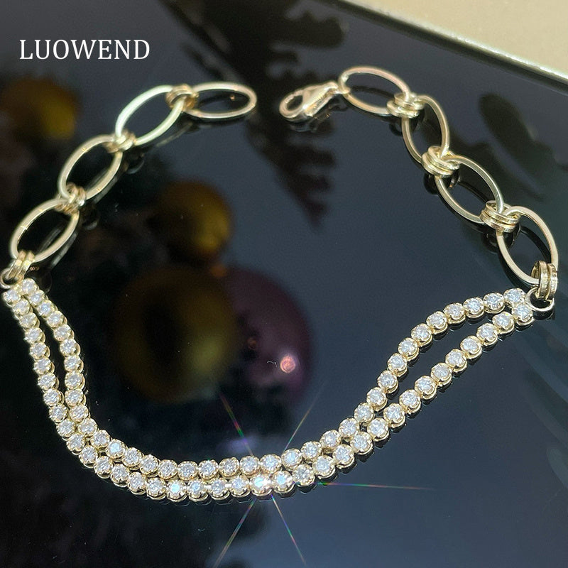 LUOWEND 18K Yellow Gold Natural Diamond Bracelet for Women