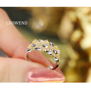 LUOWEND 18K White and Yellow Gold Real Natural Diamond Ring for Women