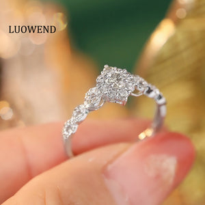 LUOWEND 18K White Gold Real Natural Diamond Ring for Women