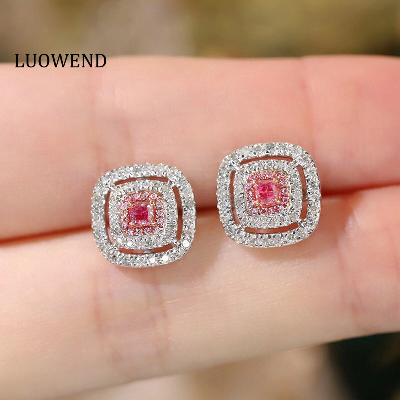 LUOWEND 18K White Gold Real Natural Pink Diamond Stud Earrings for Women