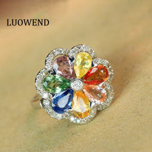 Load image into Gallery viewer, LUOWEND 18K White Gold Real Natural Color Sapphire and Diamond Gemstone Ring for Women
