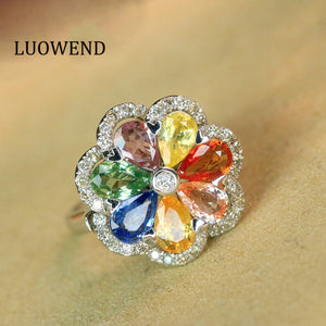 LUOWEND 18K White Gold Real Natural Color Sapphire and Diamond Gemstone Ring for Women