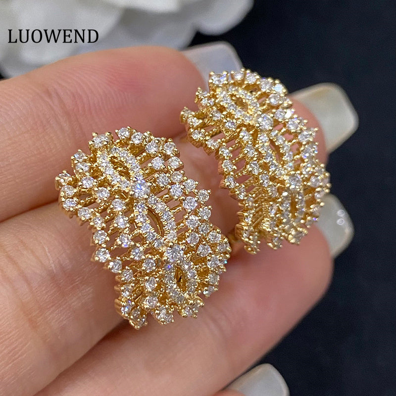 LUOWEND 18K Yellow Gold Real Natural Diamond Hoop Earrings for Women