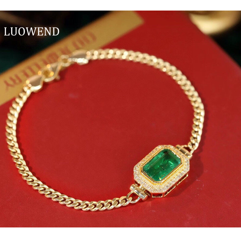 LUOWEND 18K Yellow Gold Real Natural Emerald and Diamond Gemstone Bracelet for Women