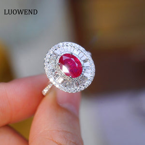 LUOWEND 18K White Gold Real Natural Ruby and Diamond Gemstone Ring for Women