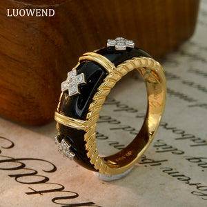 LUOWEND 18K Yellow Gold Real Natural Black Agate and Diamond Gemstone Ring for Women
