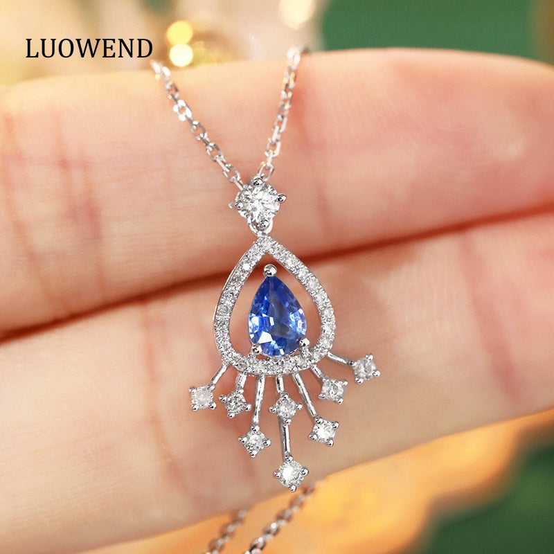 LUOWEND 18K White Gold Real Natural Sapphire and  Diamond Gemstone Necklace for Women