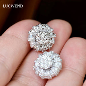 LUOWEND 18K White Gold Real Natural Diamond Stud Earrings for Women