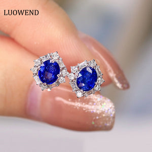 LUOWEND 18K White Gold Real Natural Sapphire and Diamond Gemstone Earrings for Women