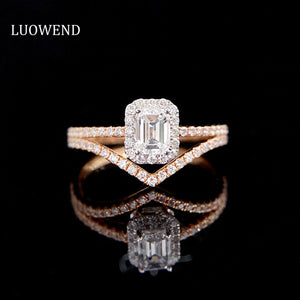 LUOWEND 18K Rose Gold Real Natural Diamond Ring for Women