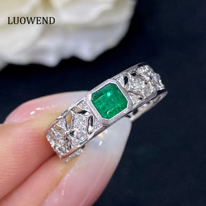 LUOWEND 18K White Gold Real Natural Emerald Gemstone Ring for Women