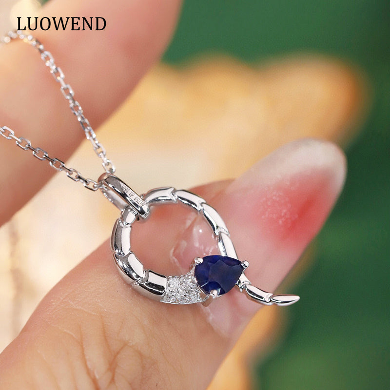 LUOWEND 18K White Gold Real Natural Sapphire and Diamond Necklace for Women