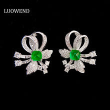 Load image into Gallery viewer, LUOWEND 18K White Gold Real Natural Emerald and Diamond Gemstone Earrings for Women
