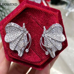 LUOWEND 18K White Gold Real Natural Diamond Stud Earrings for Women