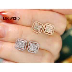 LUOWEND 18K White/Rose/Yellow Gold Real Natural Diamond Stud Earrings for Women