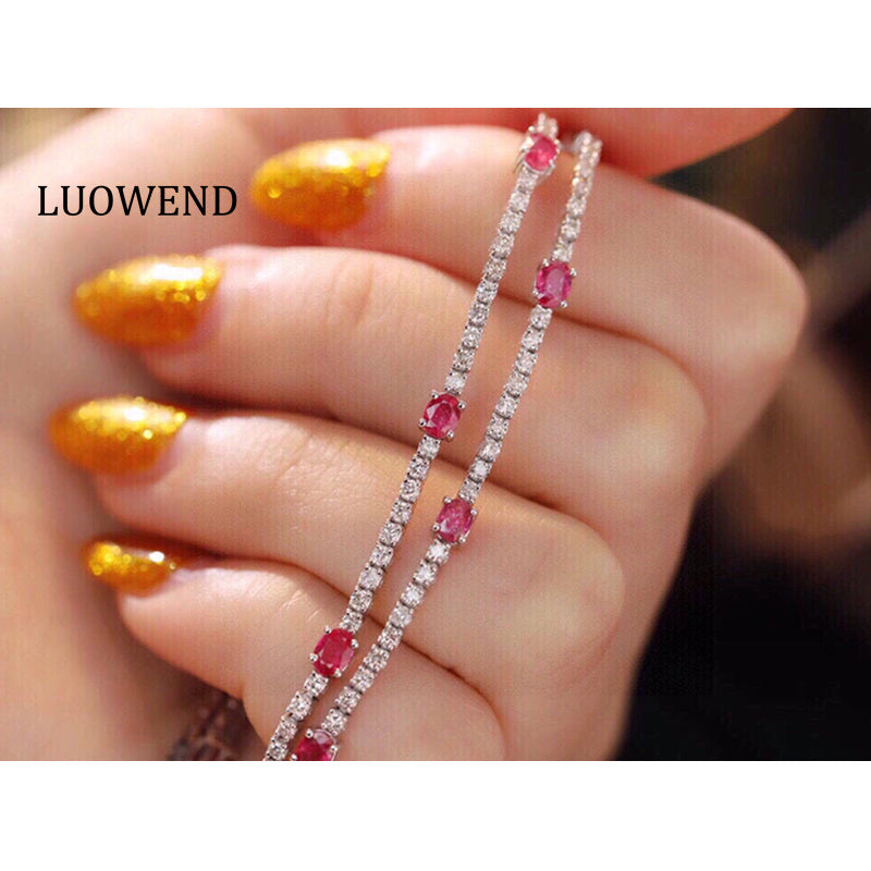 LUOWEND 18K White Gold Real Natural Ruby and Diamond Gemstone Bracelet for Women