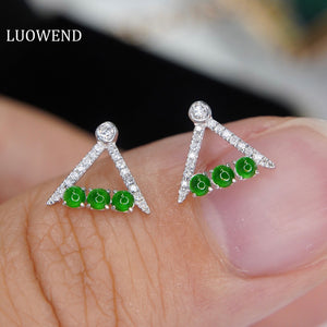 LUOWEND 18K White Gold Real Natural Jadeite and Diamond Gemstone Earrings for Women