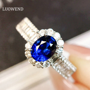 LUOWEND 18K White Gold Real Natural Sapphire and Diamond Gemstone Ring for Women